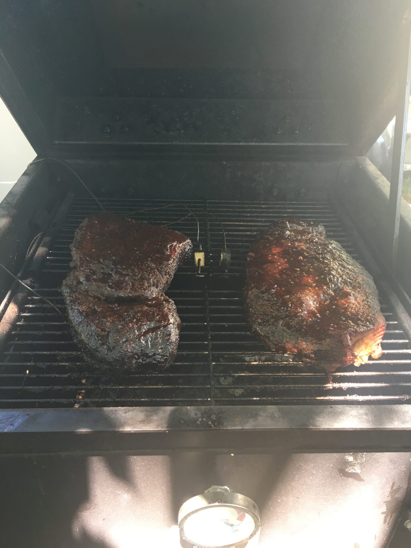 Brisket being smoked on the Bar-Be-Cube
