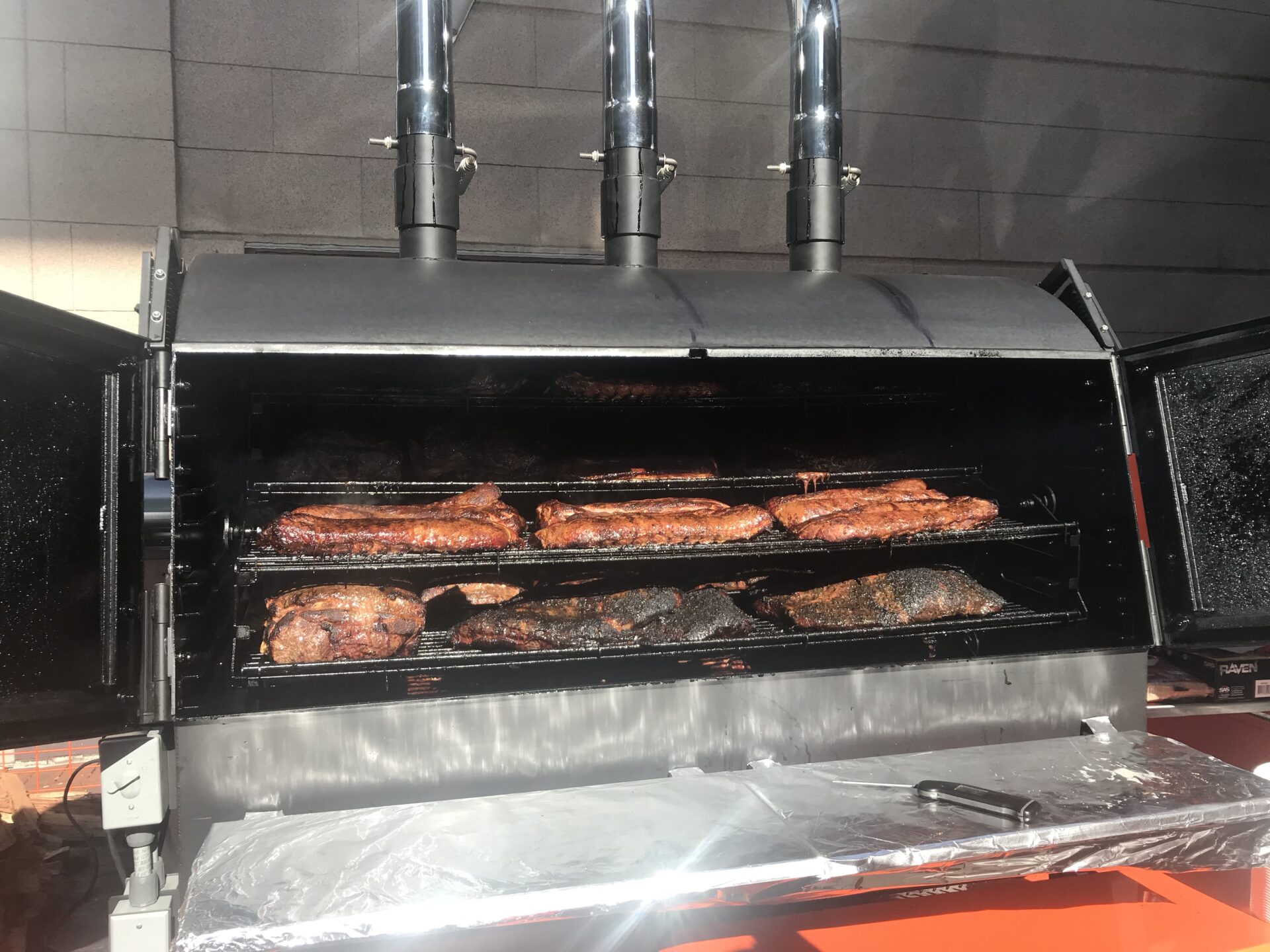 meat cooking in The Judge smoker