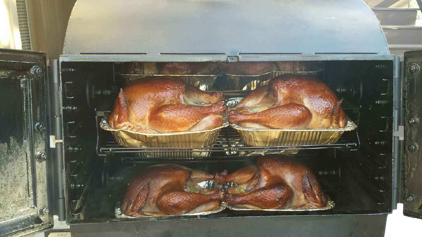 turkeys cooking in The Pit Boss