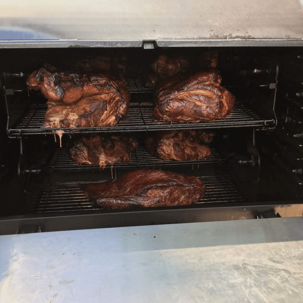 There is a difference between indirected versus direct heat. Learn more here. Pictured is pork butt on an ABS rotisserie.