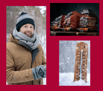 Man bundled up to embrace cold weather smoking - pictured is also a finished plate of smoked meat and an outdoor thermometer.