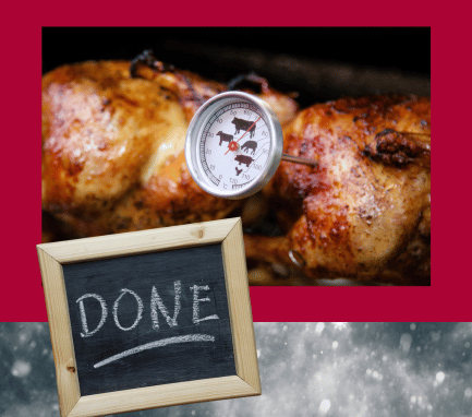 While cold weather smoking it's important to plan on longer cooking times.  Pictured is chicken with a meat thermometer to check on meat's internal temperatuire.