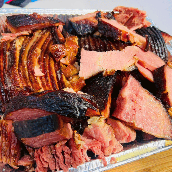 Pan of smoked ham prepared on an ABS smoker.