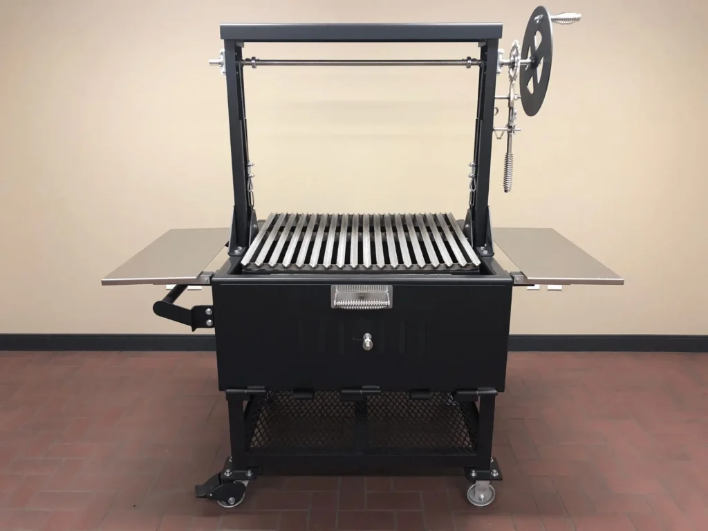 American Barbecue Systems SMG 36 Santa Maria style grills featuring a stainless steel hand-crank lift system and heavy-duty mobile cart for residential outdoor kitchens.