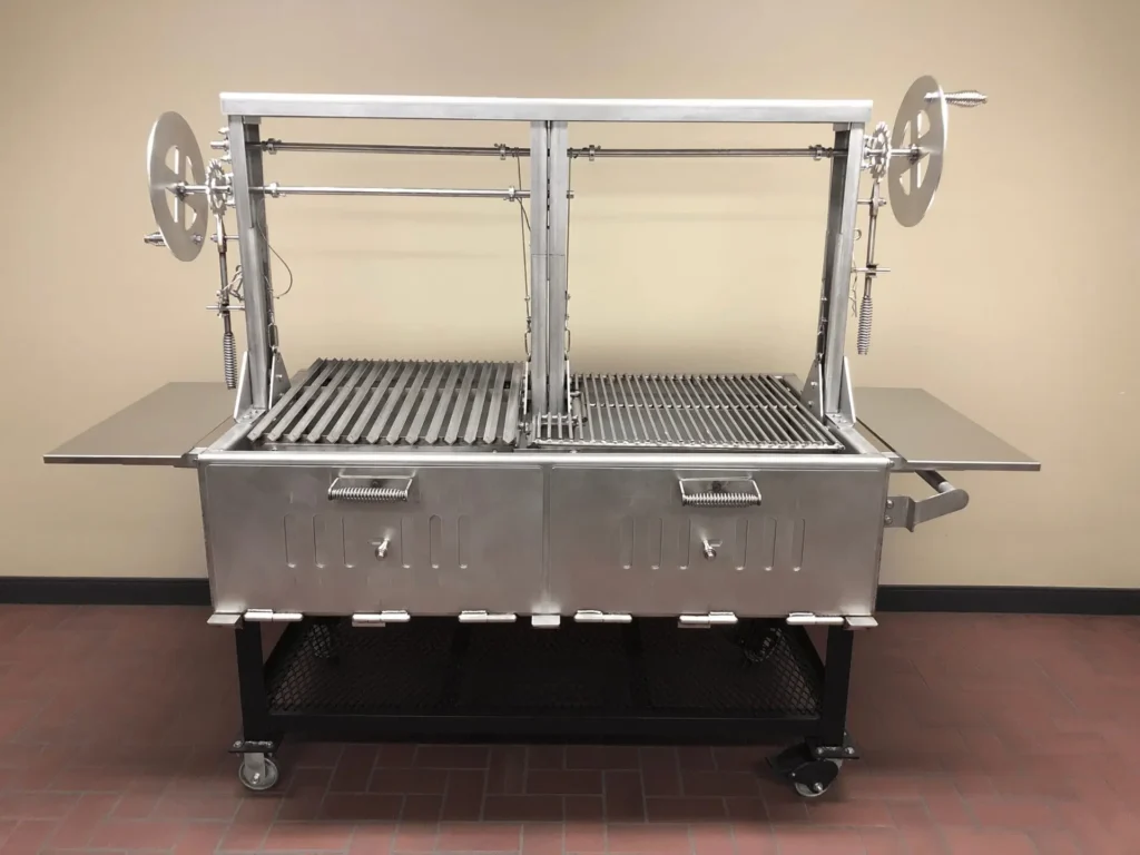 The SMG 60 SS commercial-grade Santa Maria style grills with dual-zone cooking surfaces and Argentine V-grates, designed for high-volume catering and restaurants.