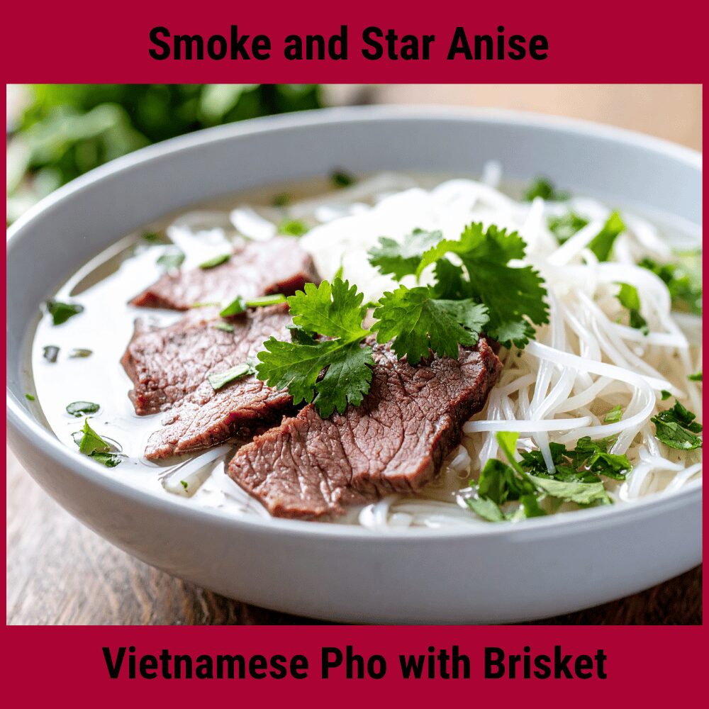 Thinly sliced smoked brisket served in a traditional bowl of Vietnamese Pho with fresh herbs and bean sprouts.