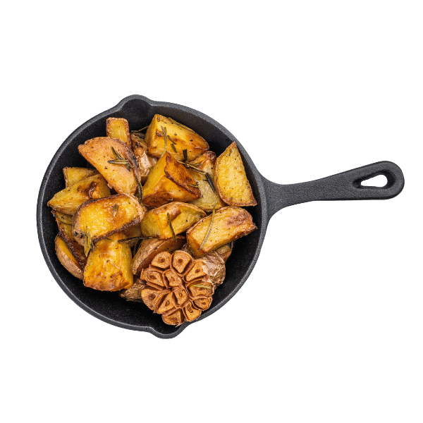Cast iron grilled Yukon gold potatoes with garlic. 